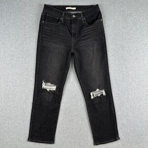 Levi's Jeans Women 29 Black 724 High Rise Straight‎ Distressed Denim Whiskering